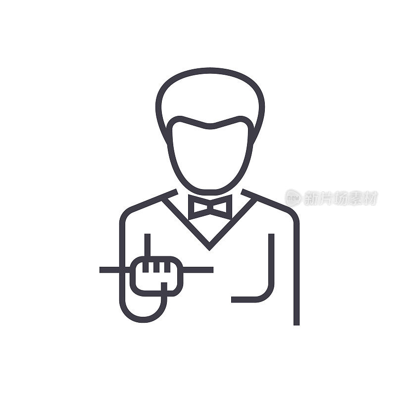 waiter with food tray vector line icon, sign, illustration on background, editable strokes